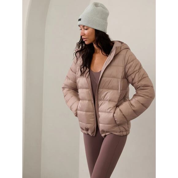 Athleta Aire Puffer Jacket Mocha Latte Pink Large Tall Casual Athletic Winter - Picture 1 of 16